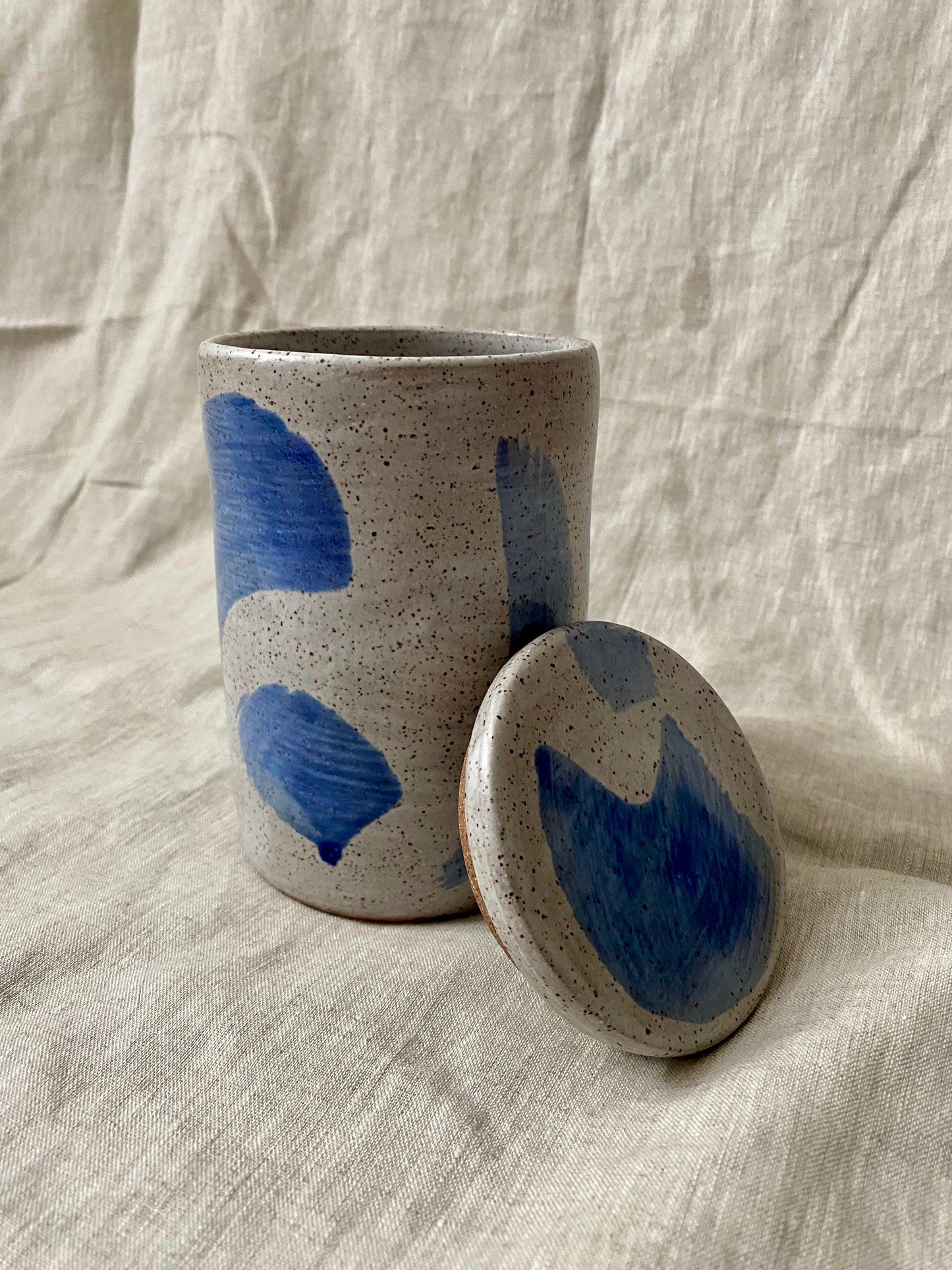 lidded jar - white and cobalt