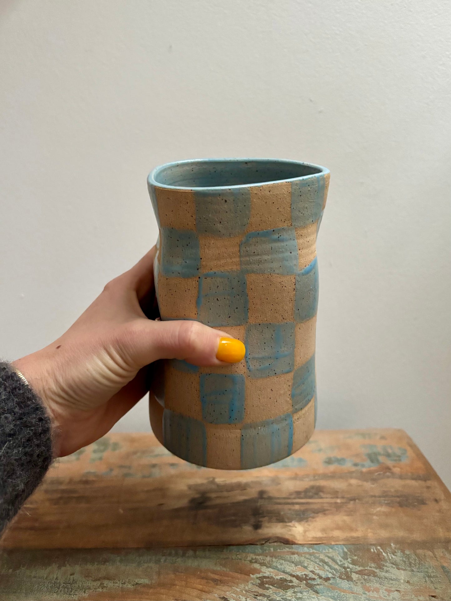 abstract vase - light blue checker