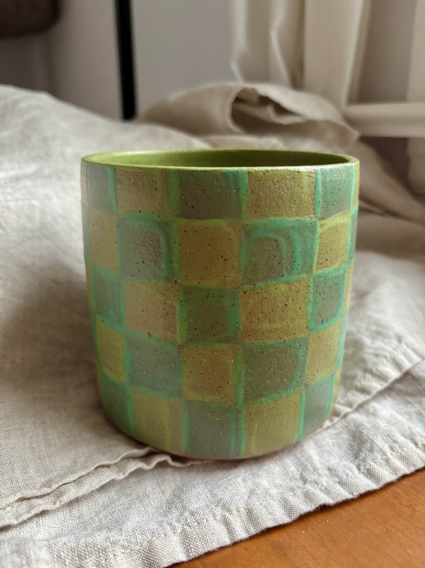 pen cup - teal and light green checker