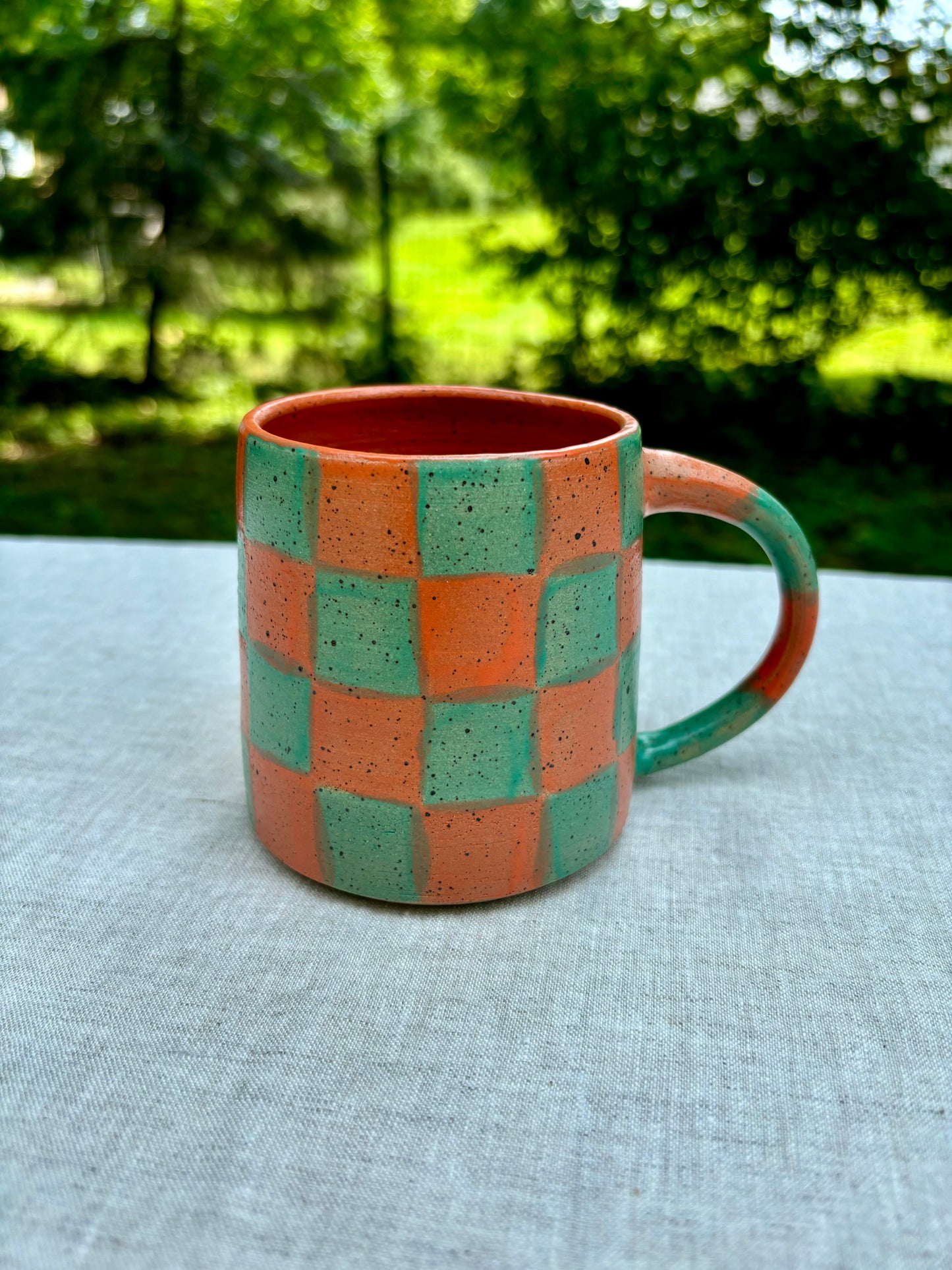 mug - orange and teal checker