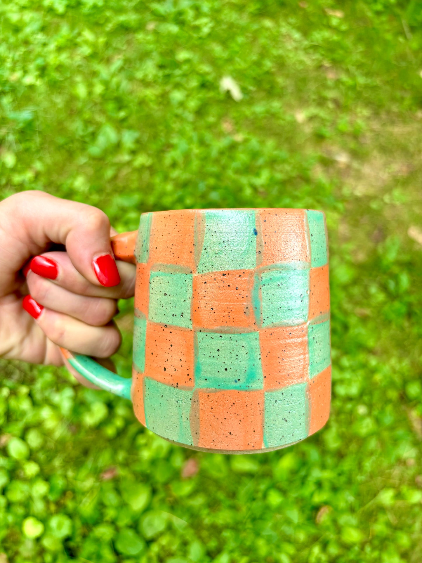 mug - orange and teal checker