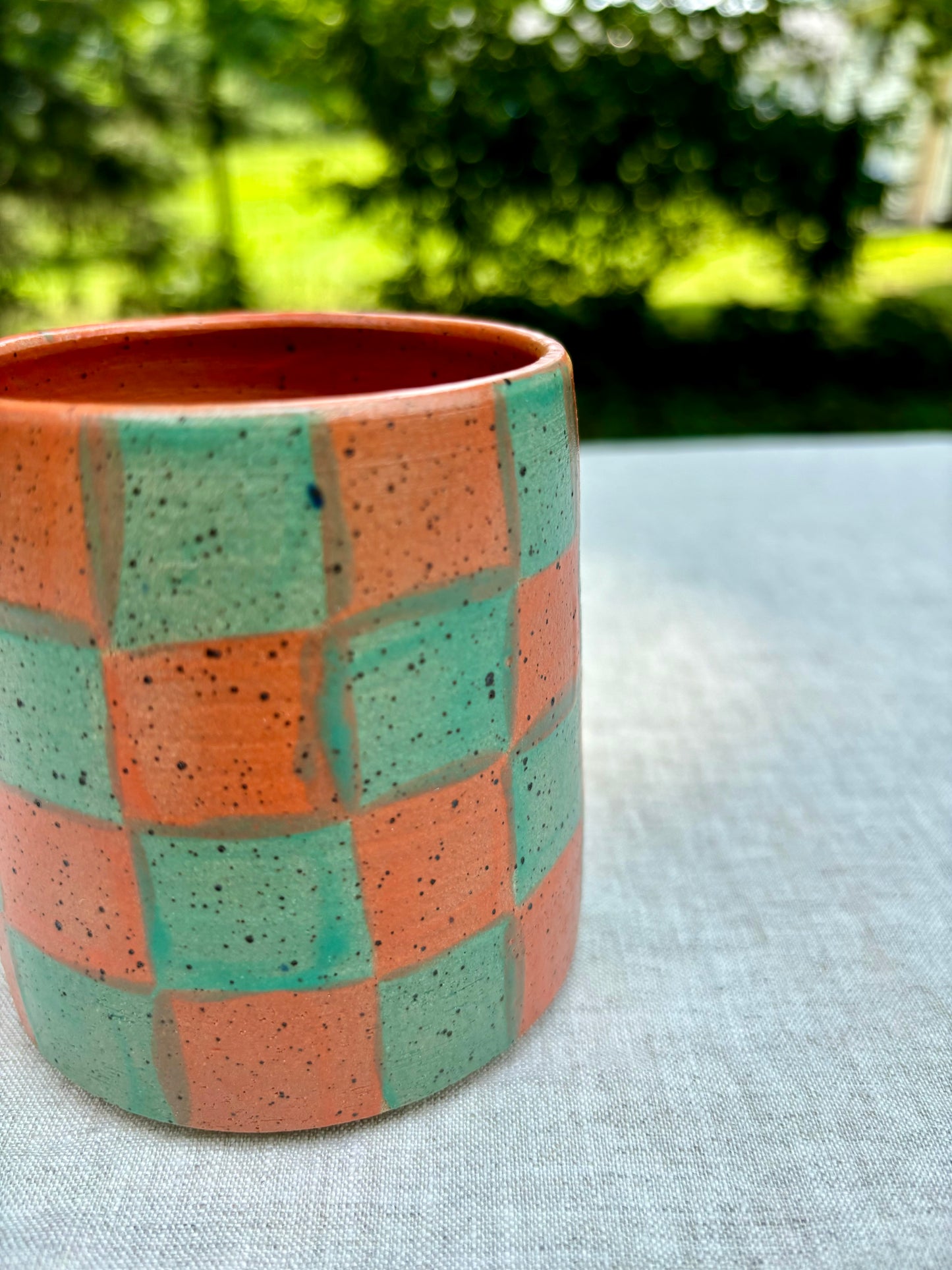 mug - orange and teal checker