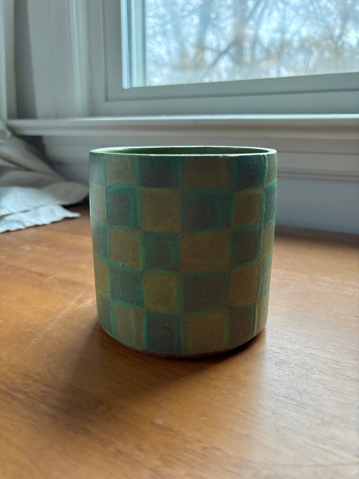 pen cup - teal and light green checker