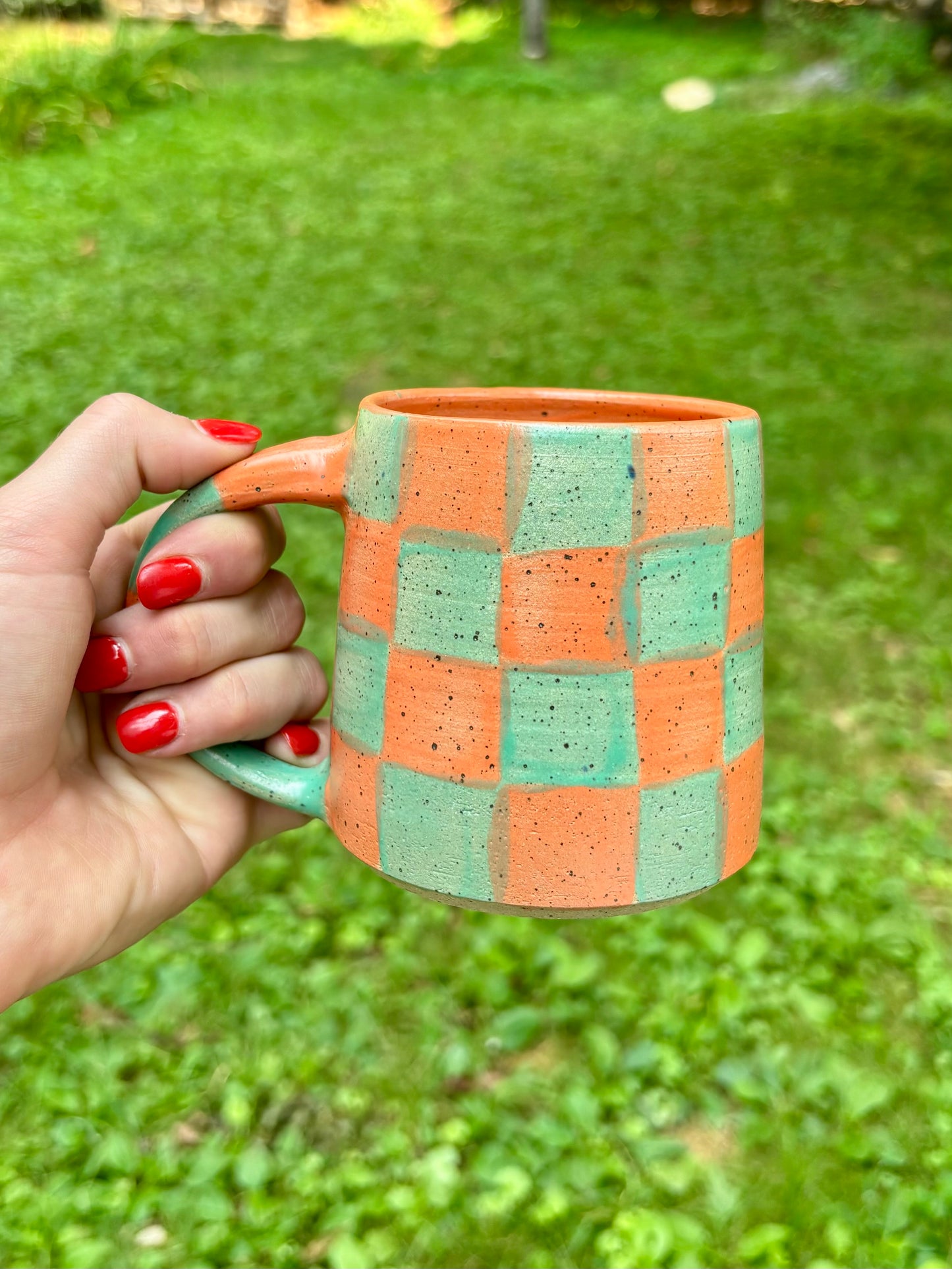 mug - orange and teal checker