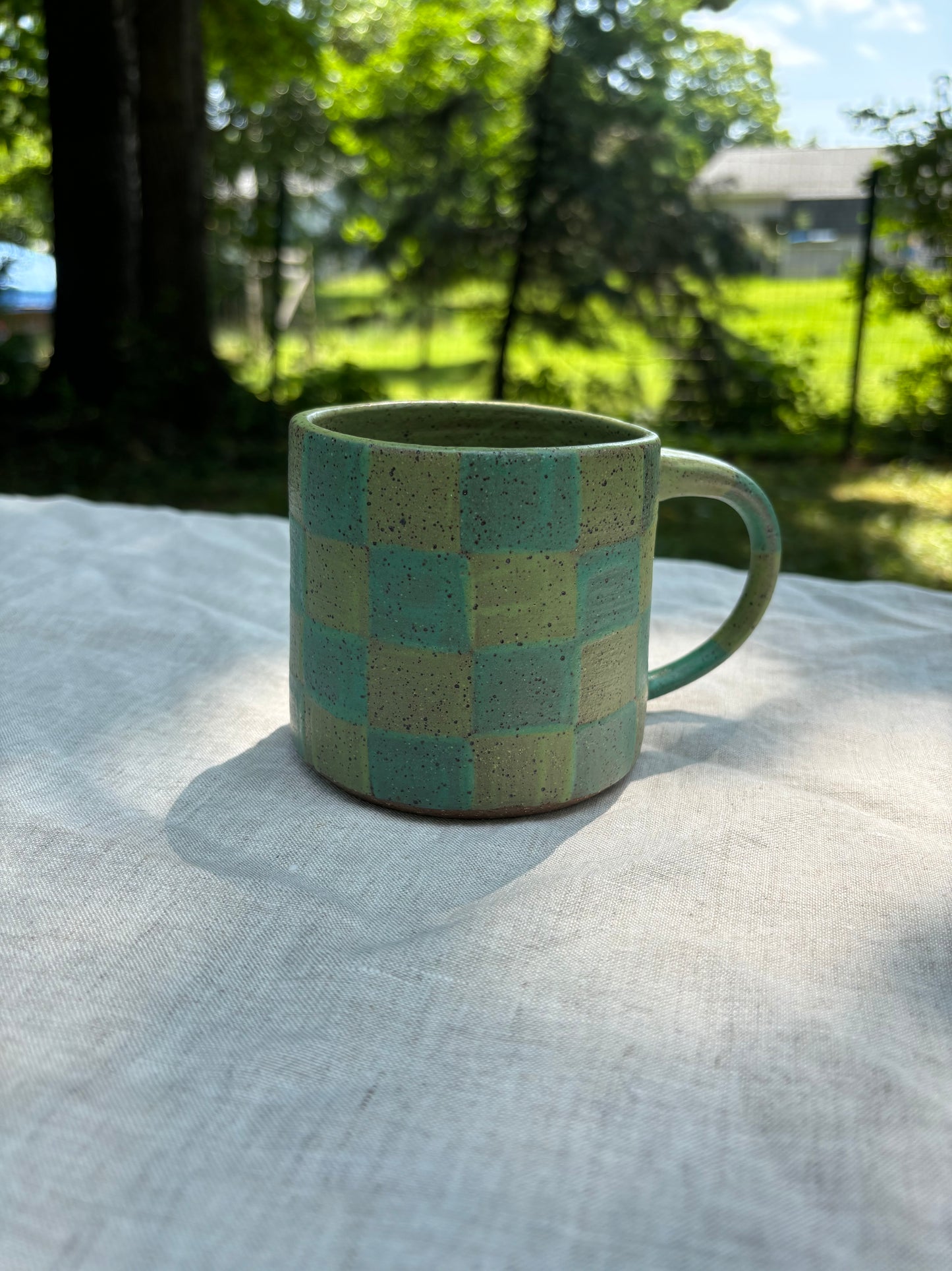 mug - light green and teal checker