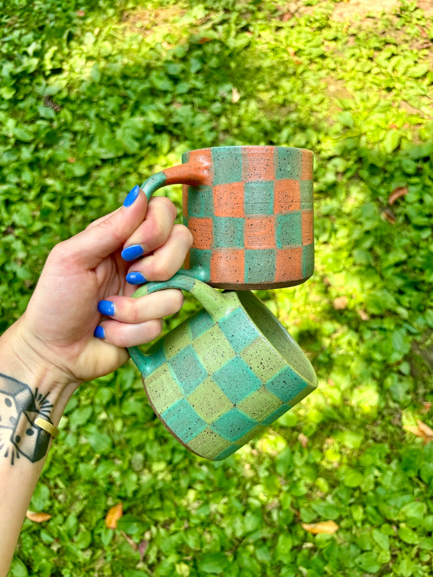 mug - orange and teal checker