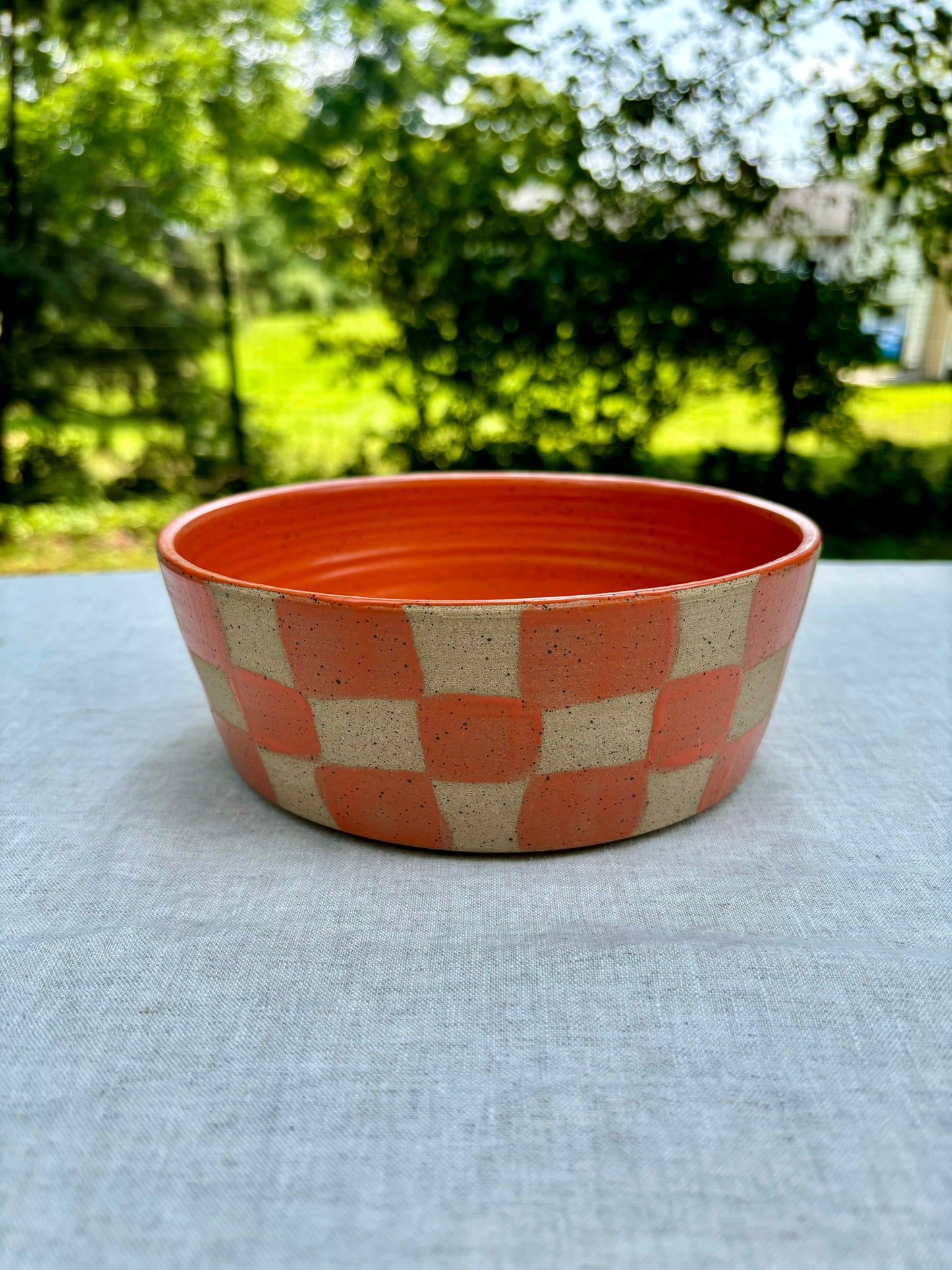 dog bowl - orange checker